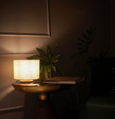 Table Lamp with Teak Wood Base and Pearl White Fabric